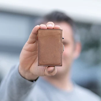 RFID 보호 팝업 신용 카드 케이스, 진짜 가죽 지갑, 노트 및 동전 수납 공간, 남성 및 여성용 