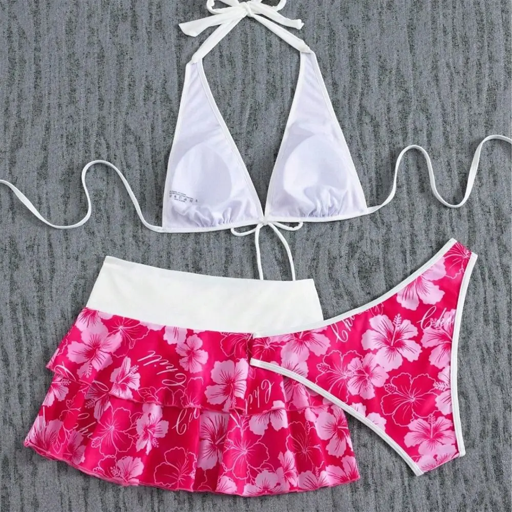 3Pcs/Set Fashion Summer Floral Swimsuit Triangle Halter High-Waist Bikini Set Beachwear Bathing Suit Swimwear Vacation