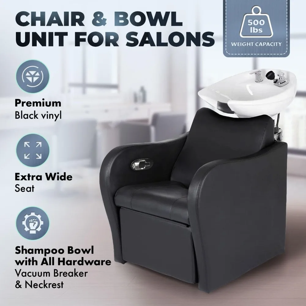 Backwash Unit - Salon Shampoo Chair & Tilting Porcelain Shampoo Bowl,Style Single Handle Faucet,Extra Wide Seat and Out Leg Rest