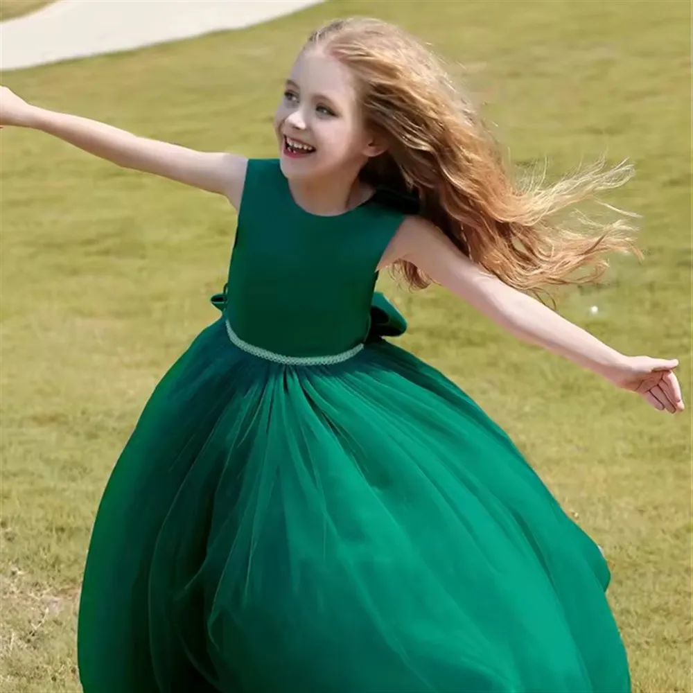 

Роскошное атласное платье с цветочным узором для девочек с большим бантом без рукавов, необычные вечерние тюлевые платья для дня рождения, модные длинные платья для девочек-подростков