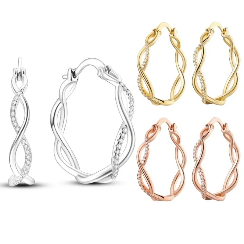 925 Sterling Silver Intersect Hoop Earrings Golden Color Rose Gold Geometry Simple Jewelry Women Girl Evening Party Gift