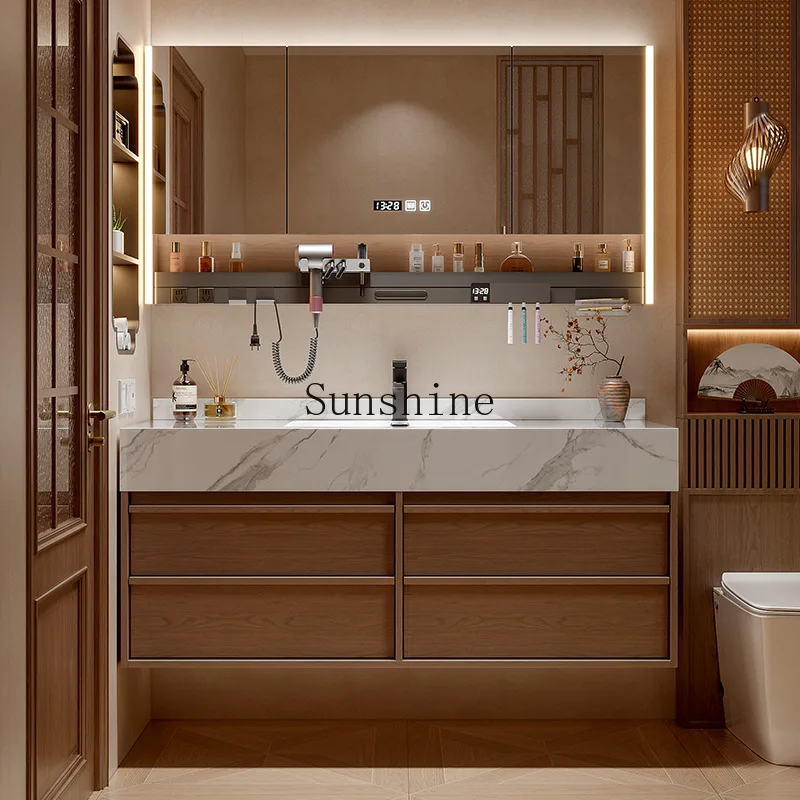 

Medieval solid wood bathroom cabinet rock slab seamless ceramic basin washing table, moisture-proof, combination