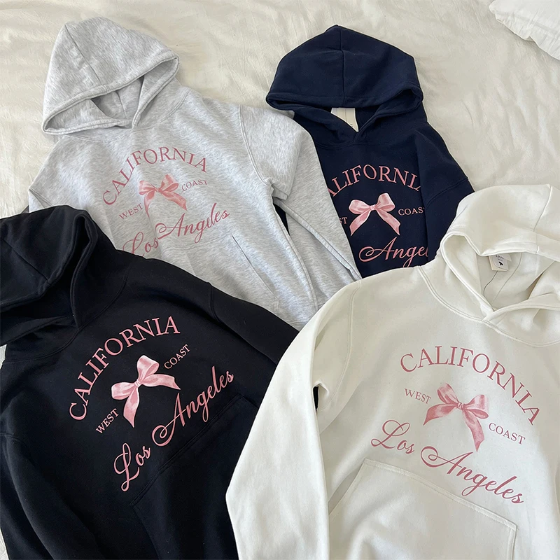 

Корейский пуловер с буквенным принтом и бантом, толстовка с капюшоном, зимняя милая универсальная бархатная толстовка, уличная женская одежда больших размеров Y2k