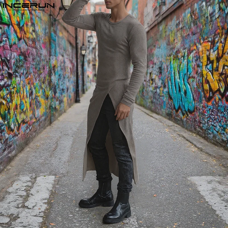 

INCERUN Men Long Style T Shirt Solid Color O-neck Long Sleeve Casual Irregular Tee Tops Streetwear 2025 Fashion Men Clothing