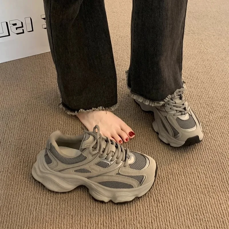 

FSMG Retro Thick Bottom Dad Shoes For Women Fashion Gray Mesh Breathable Comfortable Chunky Sneakers Running Casual Sports Shoes