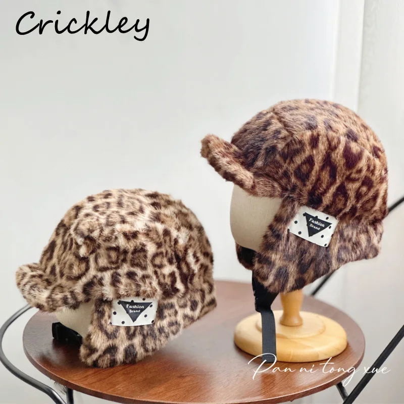 

Winter Leopard Girls Boys Hats Faux Fur Cotton Warm Kids Fashion Caps Windproof Children Ear Protection Hats