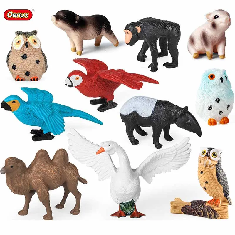 Oenux Simulation Mini Animal Model Realistic Cute Owl Camel Macaw Orangutan Figurines STEM Educational Collection Ornament Gift