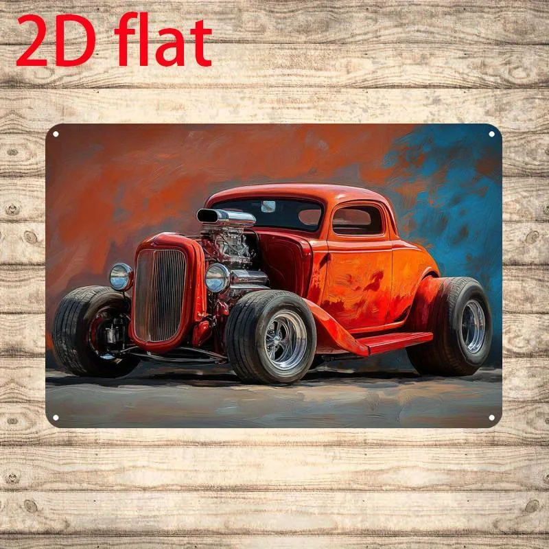 

Vintage Metal Tin Sign - Retro American Muscle Car Art Vibrant Red Hot Rod with Chrome Accents & Blue Background, Durable Rust