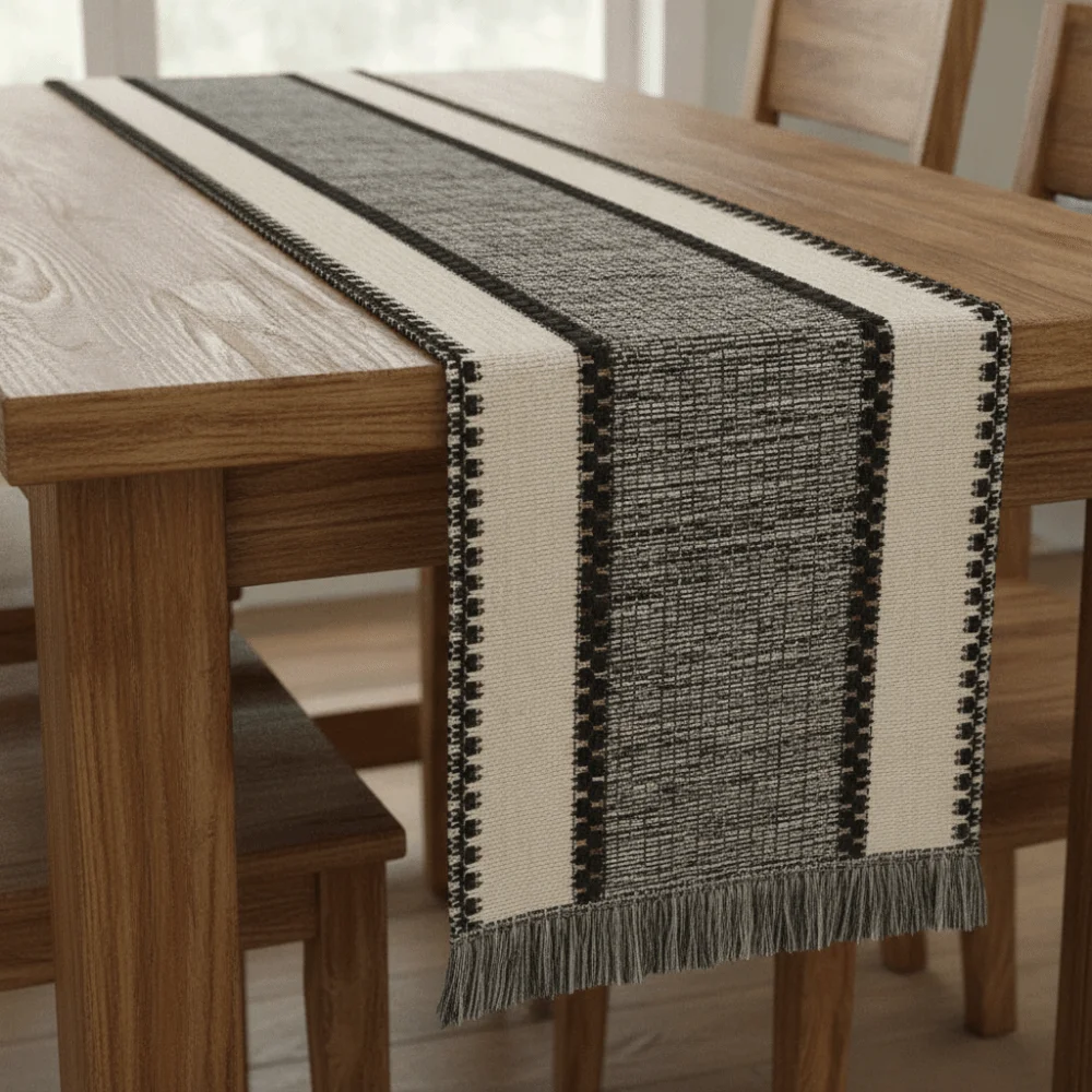 Splicing Color Farmhouse Table Runner Rectangular with Gradient Tassel Table Cover Non-slip Stain-resistant Long Tablecloth