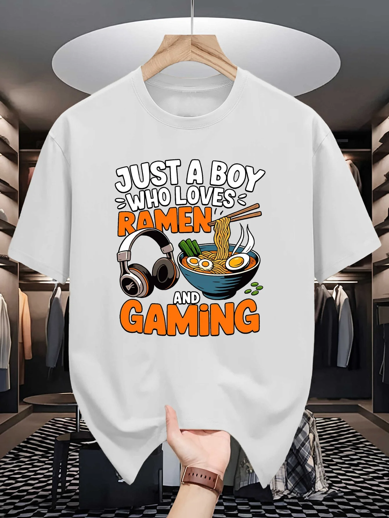 Mens Crew Neck Tee Just A Boy Who Loves Ramen And Gaming Tops For Gamer Noodle Lovers Gift Young Mens Summer Daily Wear Apparel