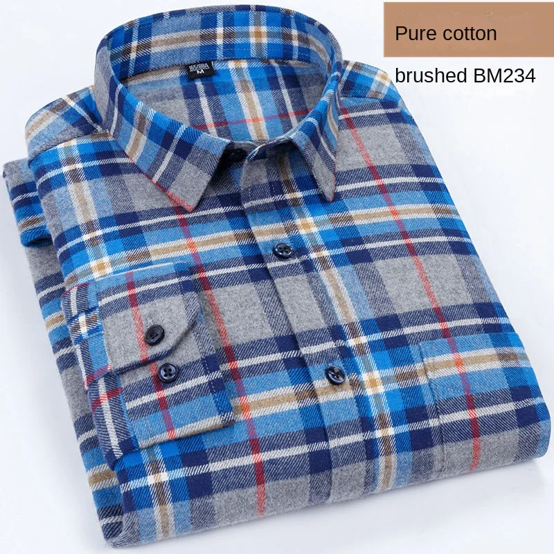 Cotton Plaid Shirt Men\'s Long-Sleeved High-End Clothing Casual Plaid Flannel Shirt 100% Cotton Button Tops Male Leisure Shellort