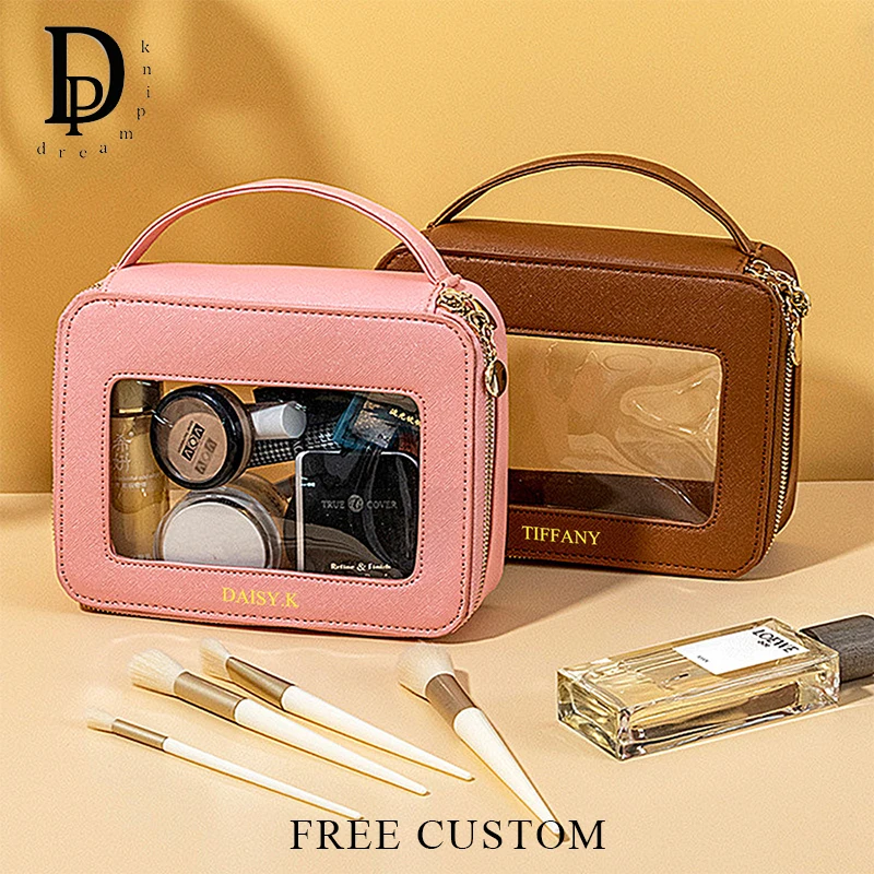 Custom Name Travel Portable Cosmetic Bag Transparent Window Luxury Woman Make Up Bag Personalized Large Capacity Cosmetic Case