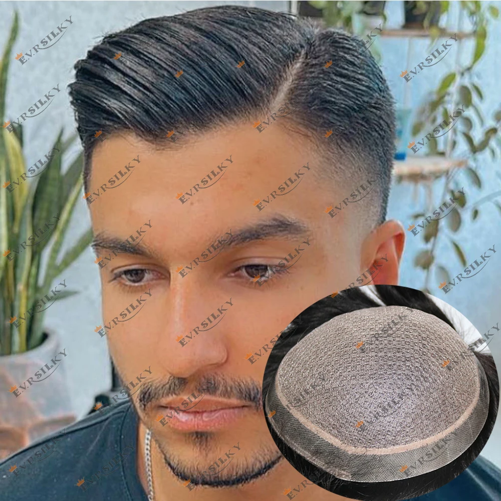 

Реалистичный мужской парик, шелковый топ из искусственной кожи, мужской парик, черный Remy, европейские сменные протезы для человеческих волос, естественная линия волос