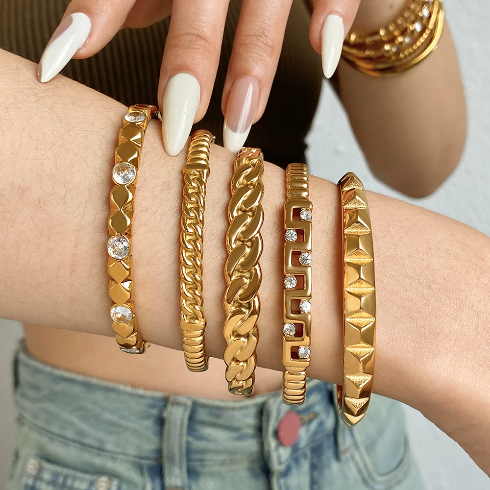 Greatera جودة عالية حجر الراين مربع سلسلة الربط النحاس سوار المد متعدد نمط اختيار مطلي الذهب تصميم الكفة الإسورة