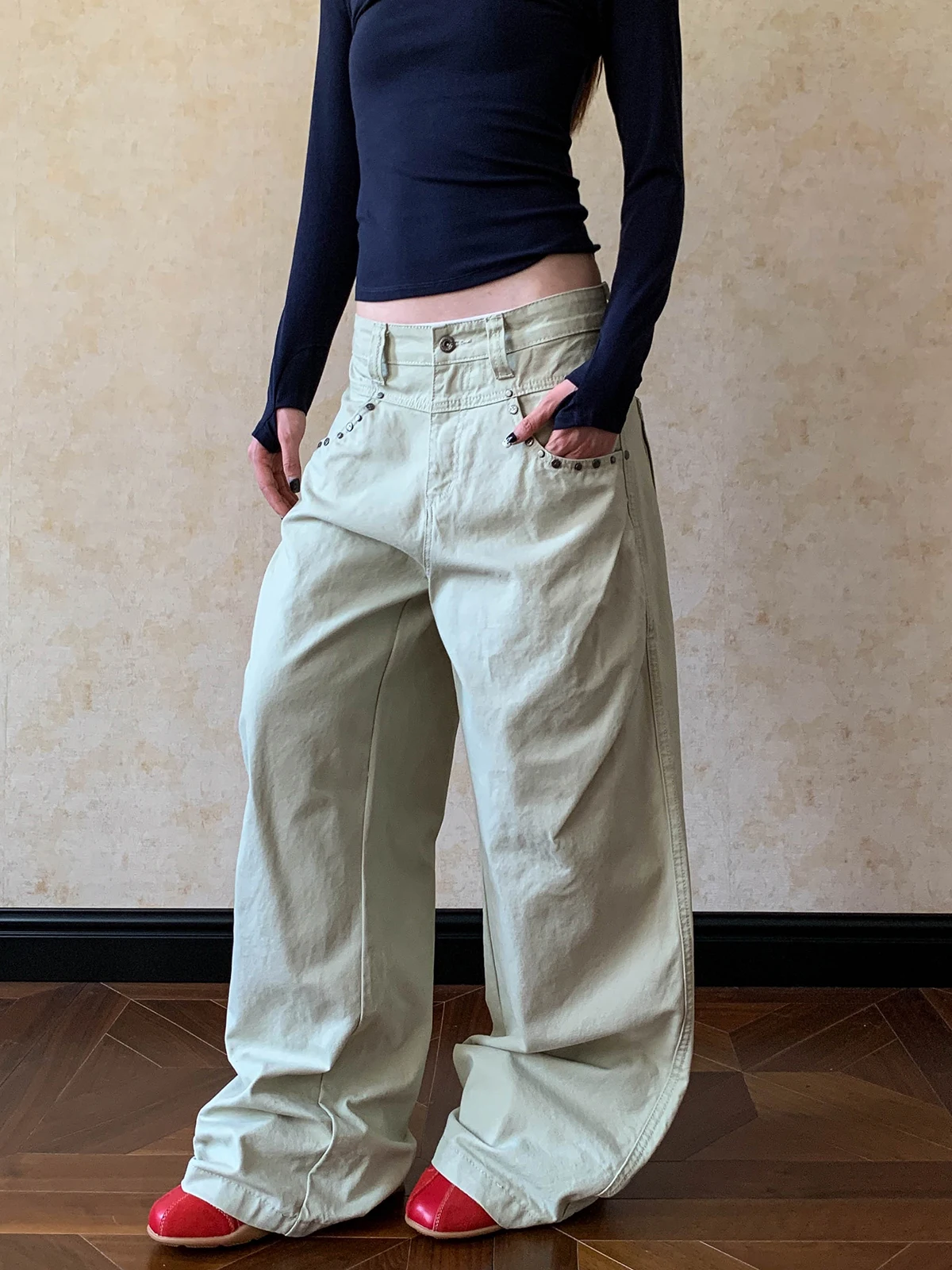 

Женские повседневные джинсы Aket American Sle Waed: свободные, широкие, с декоративными заклепками, из хлопка, удобные