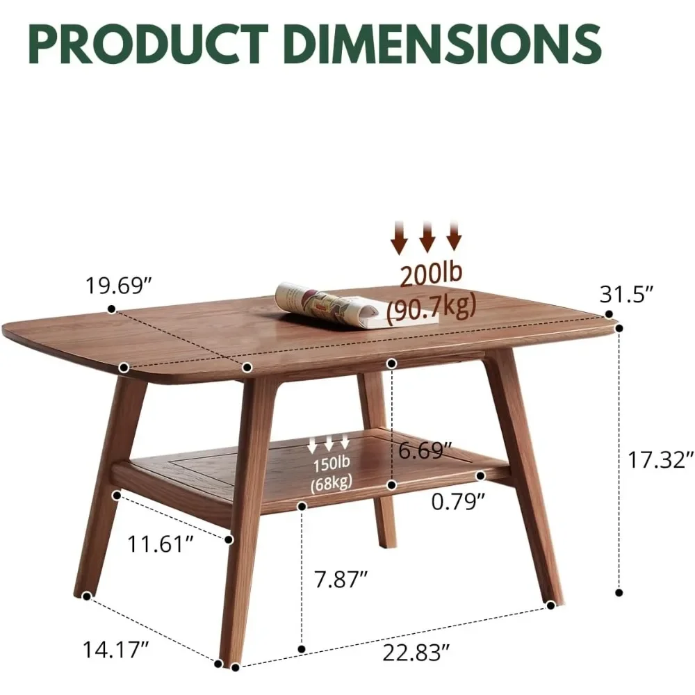 طاولة قهوة من خشب البلوط الصلب بطبقتين - طاولة مركزية عملية مع مساحة تخزين مزدوجة للشقق الصغيرة وغرف المعيشة وغرف النوم