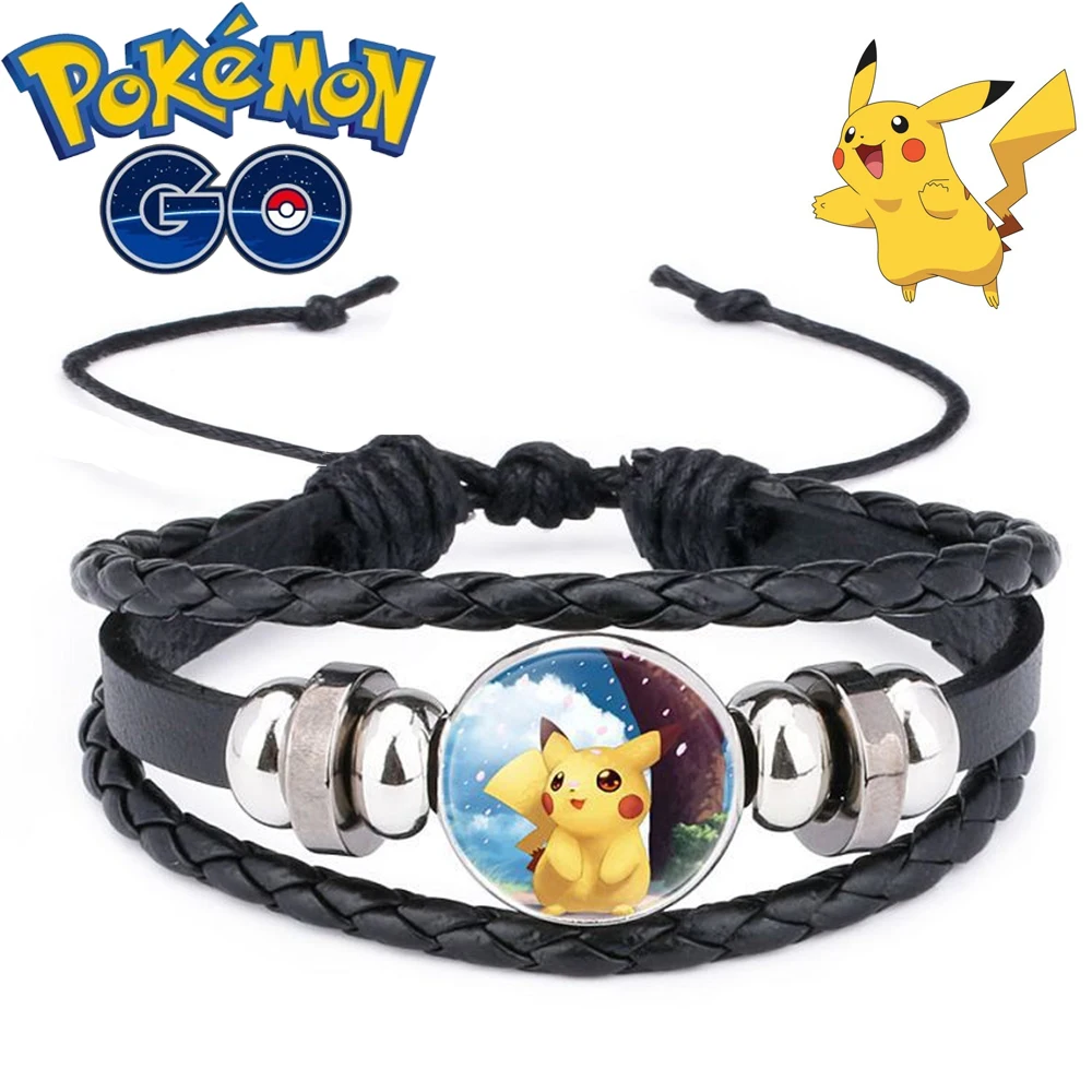 Anime Pokemon Bracelet Pikachu Elf Ball Cartoon Wristband Leather Bracelet Retro Multi Layer Woven Bracelet Kids Toys Gifts