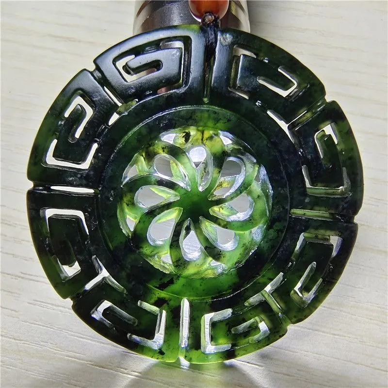 

New Pure Natural Pendant Green Olive Flower Blooming Wealth Necklace Double-sided Hollow