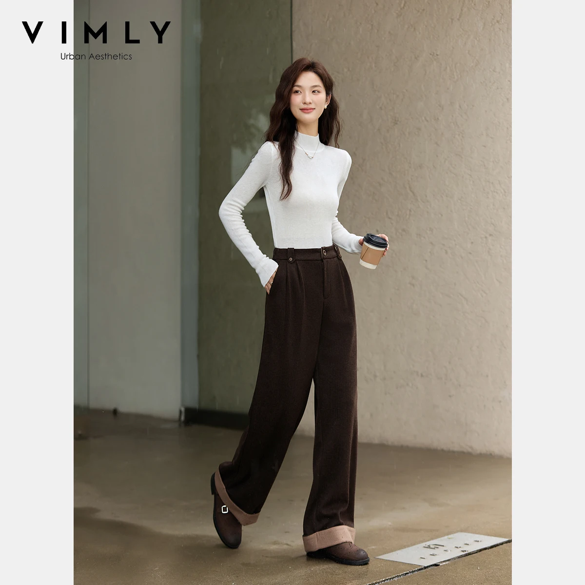 VIMLY Braune Damenhose, braun, England-Stil, Winter 2022, weites Bein, Damenhose, lässige Hose mit Bündchen am Saum, Kontrastfarbe, A2912