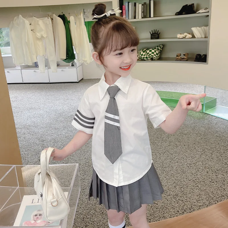 

2pcs 2025 summer Girls JK SUIT Clothes teenager tie t shirt top and bottom pleated skirt uniform 5 6 7 8 9 10 11 12 year