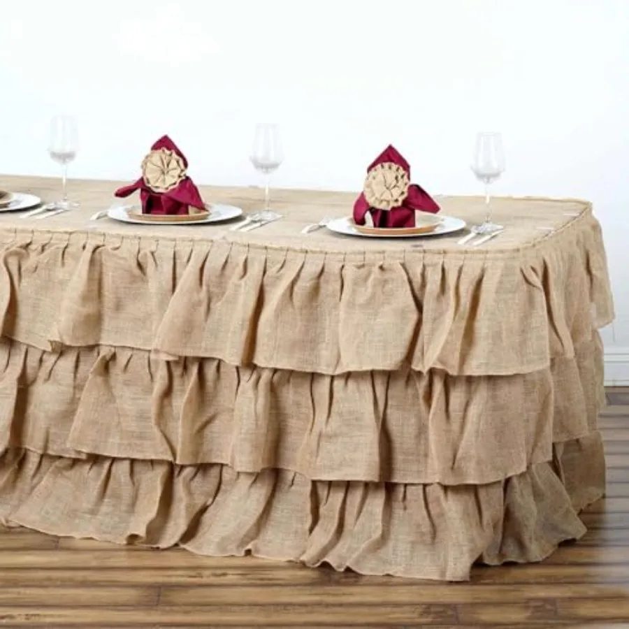 

Трехуровневая элегантная юбка-скатерть из мешковины с оборками в деревенском стиле для кухни, столовой, кейтеринга, свадеб, вечеринок, декораций и мероприятий - 14 футов, натуральный цвет B