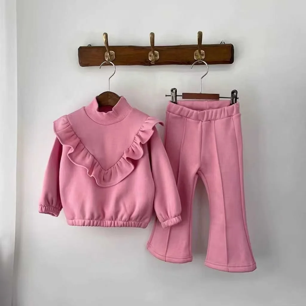 

Kids Girls' Spring and Autumn Set Children's Ruffled Round Neck Top Girls' Flared Pants Fashion Two-piece Set