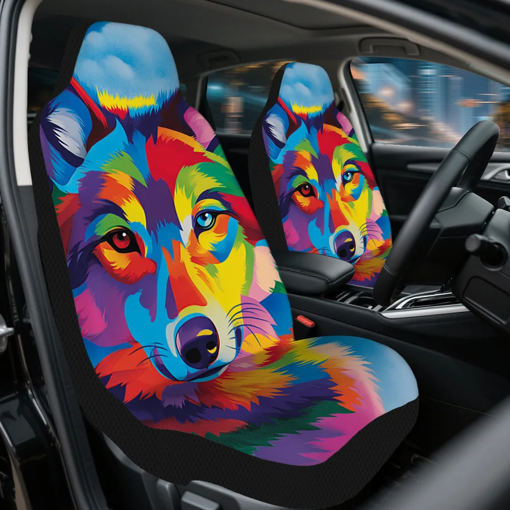 2pcs Colorful Wolf Portrait Print Car Seat Covers | Durable Polyester, Easy To Install & Washable, Universal Fit For Cars, Truck