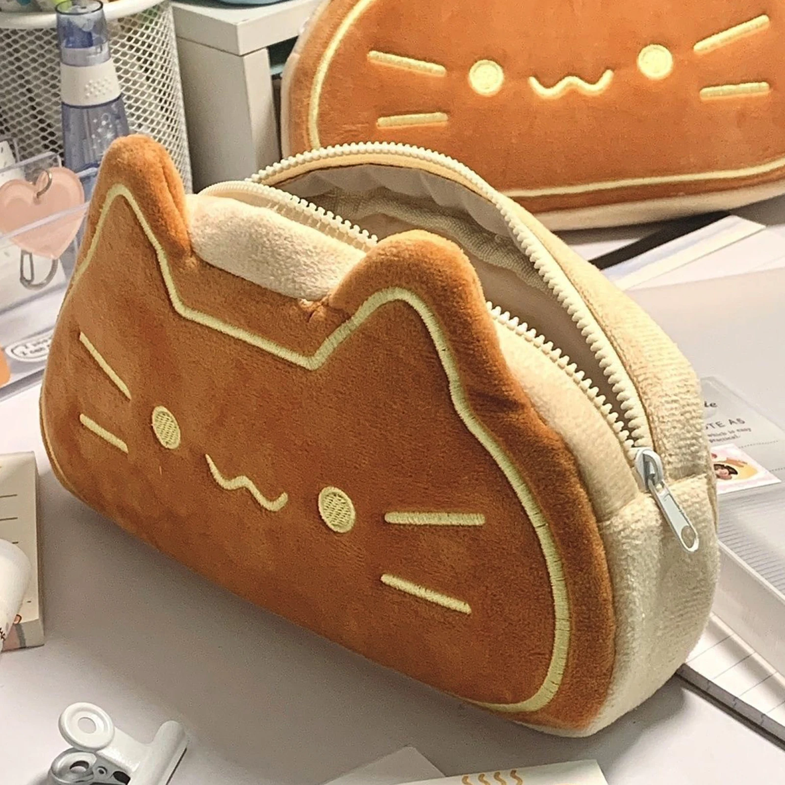 Kawaii Cat Pencil Case Cute Plush Stationery Bag For School Students Travel Large Capacity Adorable Capybara Design Makeup Pouch