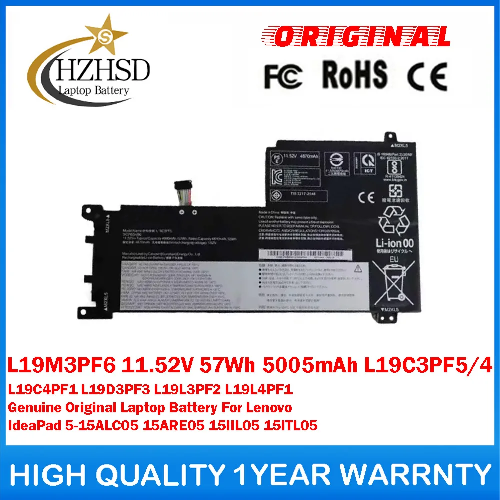 L19M3PF6 11.52V 57Wh 5005mAh L19C3PF5/4 L19C4PF1/D3PF3/L3PF2/L4PF1 Genuine Original Laptop Battery For Lenovo IdeaPad 5-15ALC05