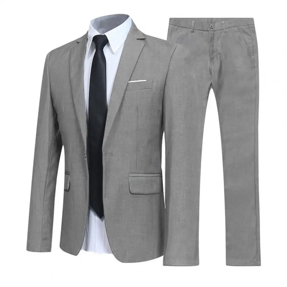 British Style Men Blazer Pants Suit Set Solid Color Long Sleeve Slim Fit Groom Blazer Trousers Wedding Office One Button Suit