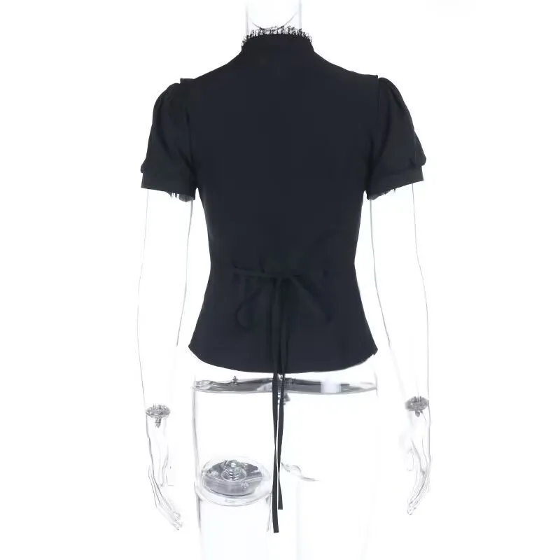 Винтажная кружевная лоскутная рубашка в стиле Лолиты с короткими рукавами, блузки, женские рубашки в готическом стиле на пуговицах, топы Kawaii Y2k