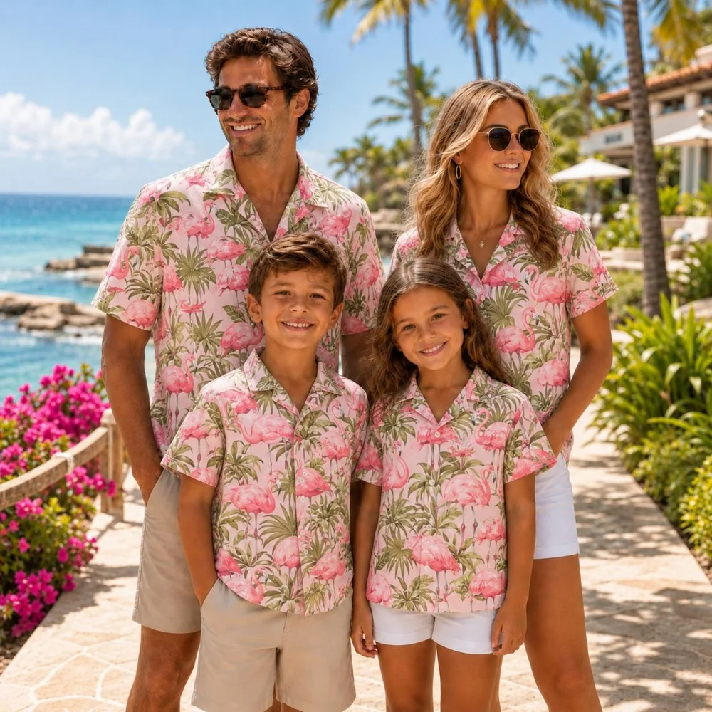 Camisas Hawaianas de Flamencos a Juego para la Familia, Conjuntos Florales para la Playa de Hawái, Regalo para Mamá, Papá e Hijos para Vacaciones de Verano, Camisetas