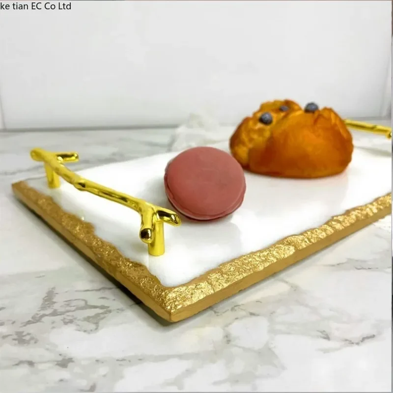 Luxury Marble Tray with Gold Handles and Trim, Vanity Tray for Jewelry Display, Serving Tray for Counter Dresser Nightstand Desk