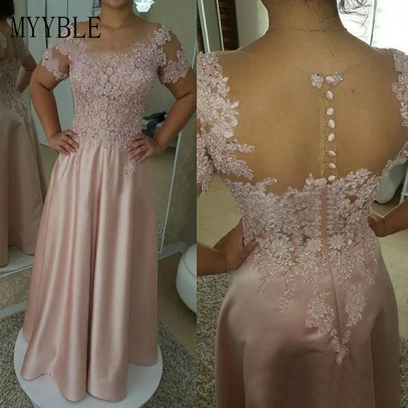 2022 Satin Mother Of The Bride Dress Short Sleeves A-line Scoop Lace Beaded Formal Evening Dresses Button Wedding Party Gowns