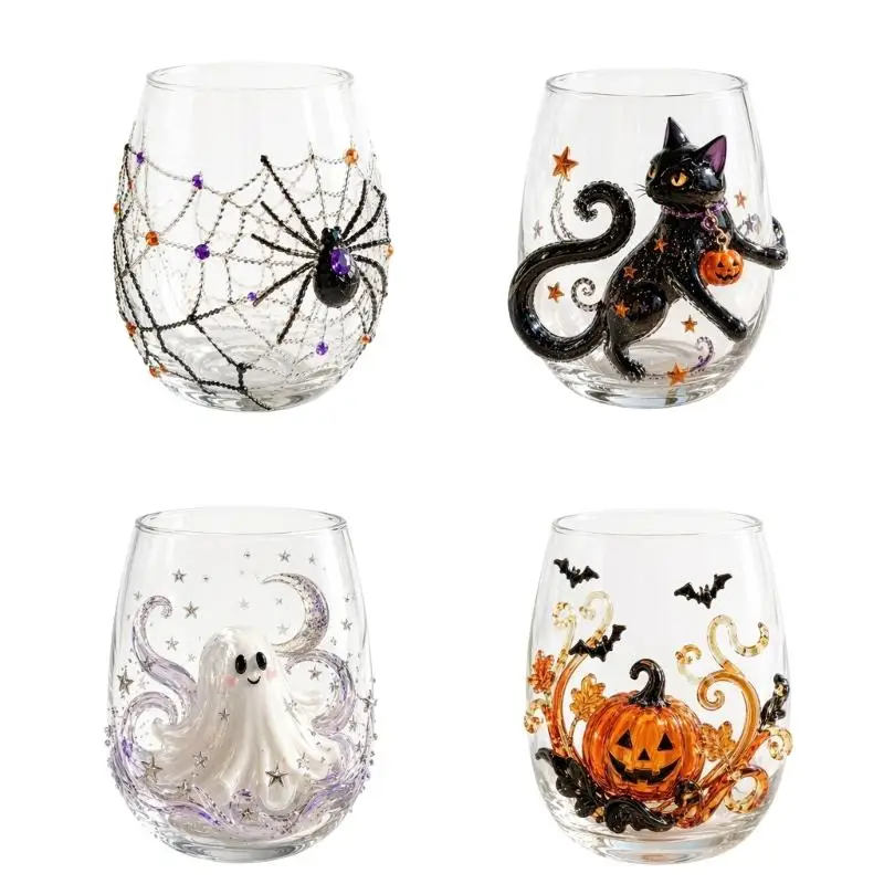 Halloween Glass Cup Clear Stemless Glassware for Party Beverages Holiday Table Decor and Spooky Season Display Use D2RD