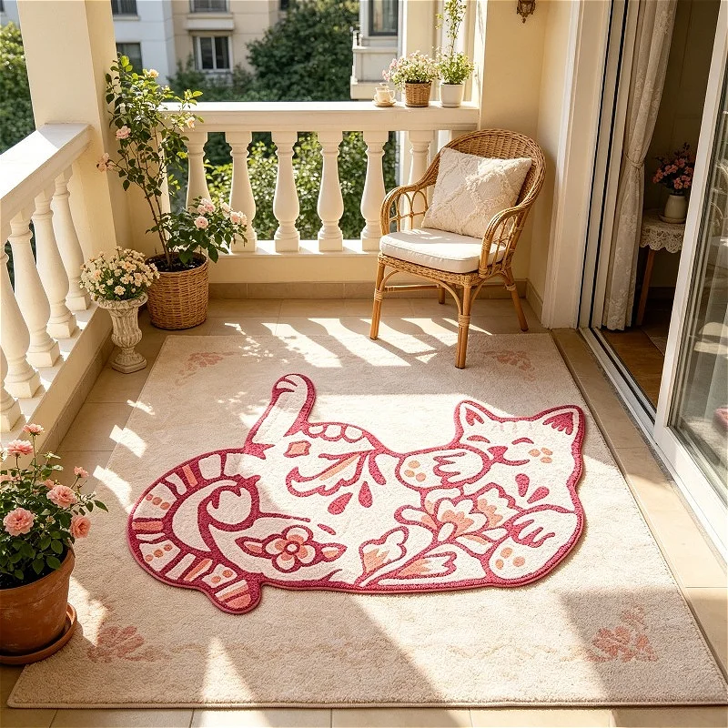 VIKAMA Pink Cat-Shaped Rug, Non-Slip and Soft, for Hallway, Balcony, Girl’s Bedroom, Bedside, Home Decoration