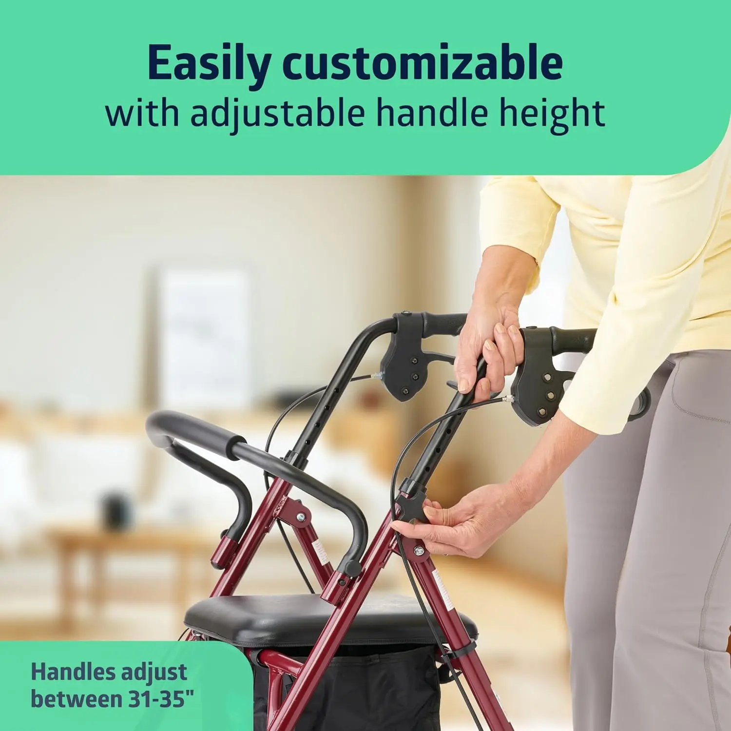 

Steel Rollator Walker with Seat, Burgundy, 350 lb. Weight Capacity, 6” Wheels, Foldable, Adjustable Handles, Rolling Walker