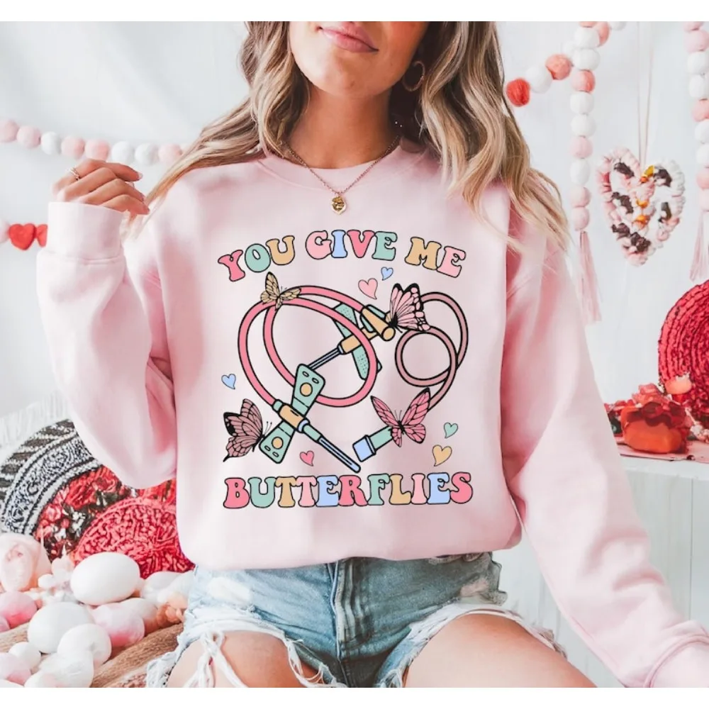 

Valentine You Give Me Butterflies Medical Lab Assistant Tech Valentine Hoodie Round Neck Pocket Adjustable Drawstring