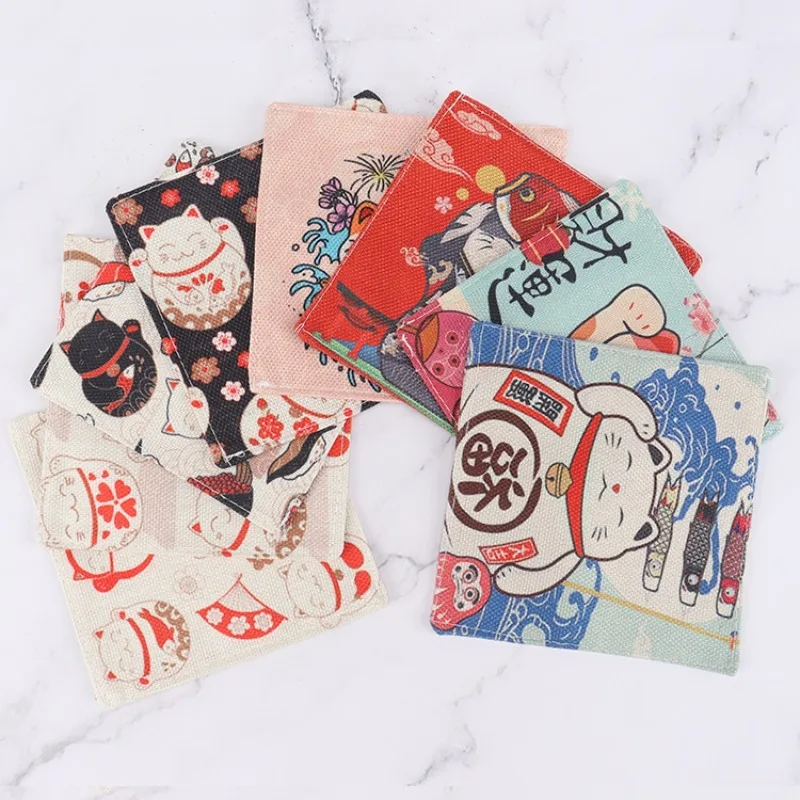 

4-piece Cotton Linen Coasters Set Japanese Cartoon Lucky Cat Placemat Thickened Cotton and Linen Bowl Mat Home Table Decoration