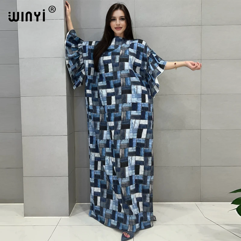 WINYI Original denim dress African women printed summer Fashion Africa Womens party holiday Casual Short Sleeve Maxi beach dress