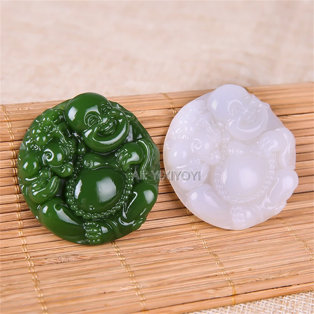 Trendy Green Jade Carved Chinese Laughing Buddha Lucky Pendant Amulet Necklace Vintage Handmade Stone Jade Party Jewelry Gift