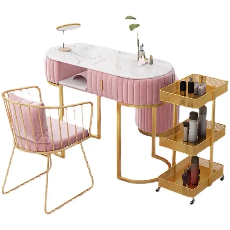 Luxury Pink Velvet Marble Top Manicure Table Color And Size Can Be Customized Beauty Furniture Nail Tables And Chairs Sets