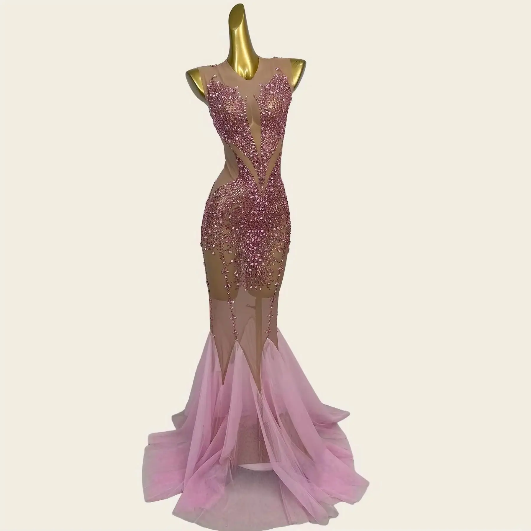 Sparkly Rhinestone Sleeveless Mermaid Gown Gradient Celebrate Party Flared Pink Sheer Mesh Bodycon Evening Stage Dress Chanyi