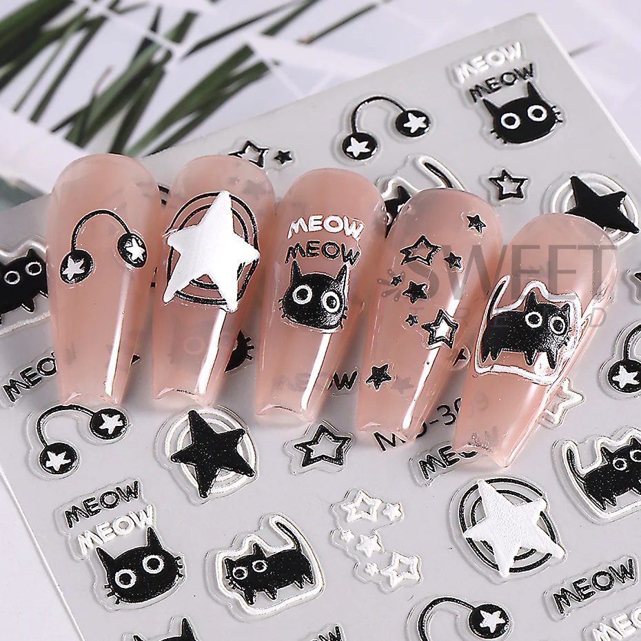 Etiqueta adorável do prego do gato preto da música, animal bonito dos desenhos animados, arco da estrela, peixe design, kawaii, deslizante adesivo, estilo japonês, decalque de manicure