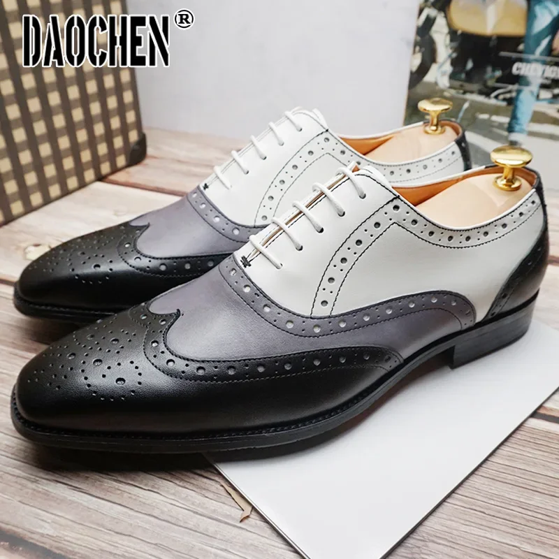 Fashion Brand Men Oxford Shoes Brogues Lace Up Pointed Mixed Color WingTip Mens Dress Shoes Wedding Office Leather Shoes