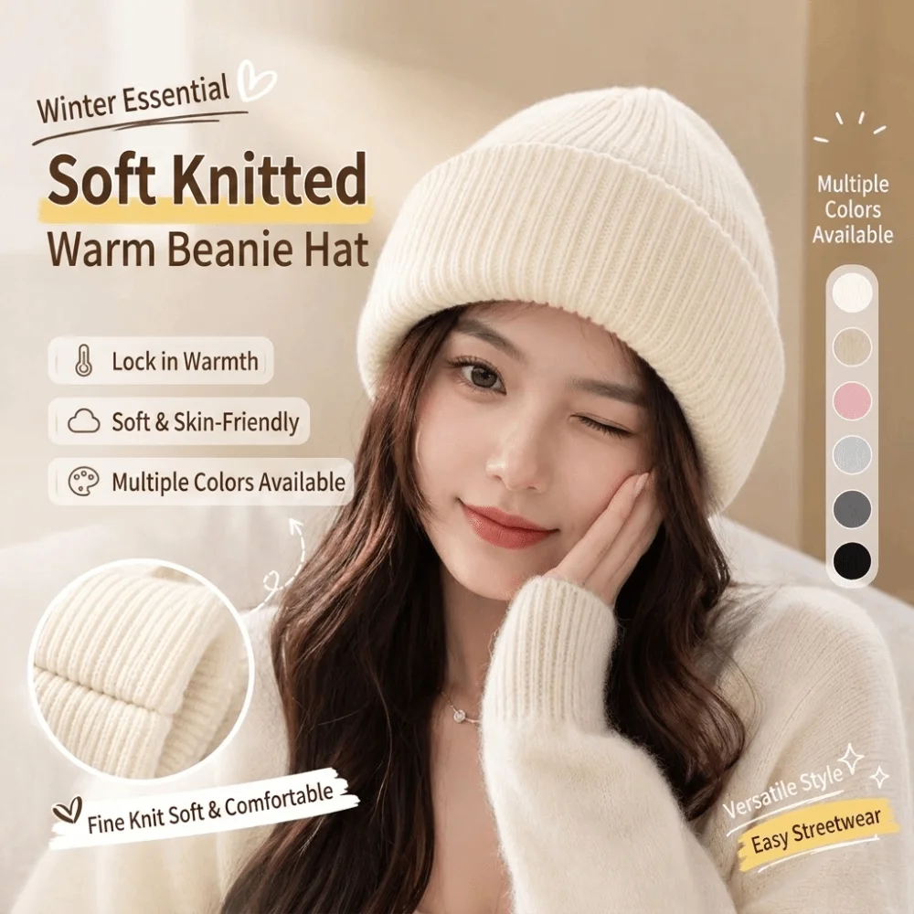 Modische Elastische Gestrickte Wollmütze Einfarbig Winddichte Ohrenschutz-Mütze Wärmeisolierende Verdickte Beanie-Mütze Winter