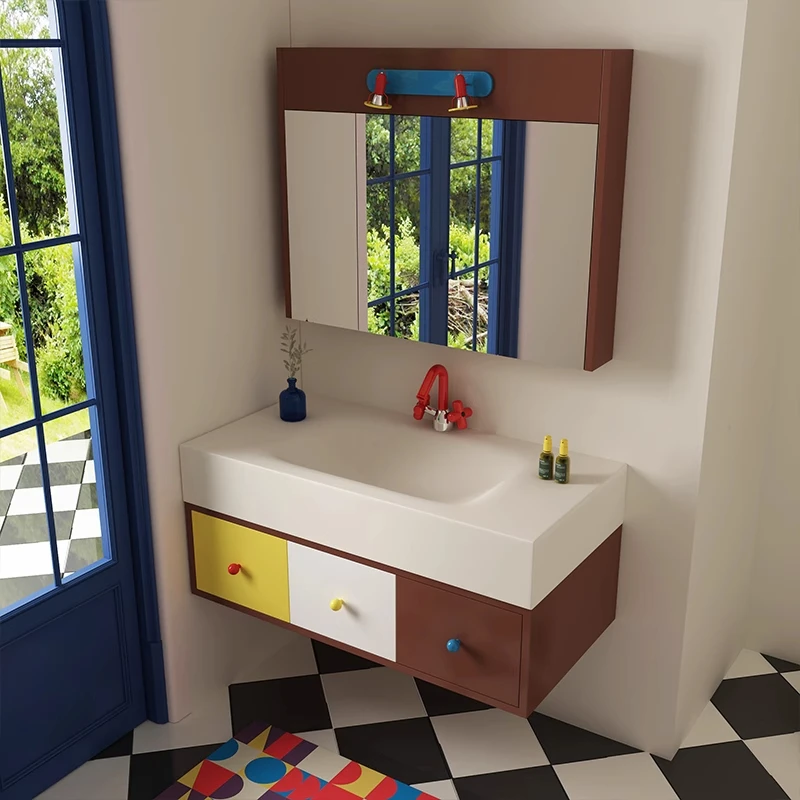 

Memphis antique bathroom cabinet combination rock slab hot bending integrated basin bathroom sink washstand customization