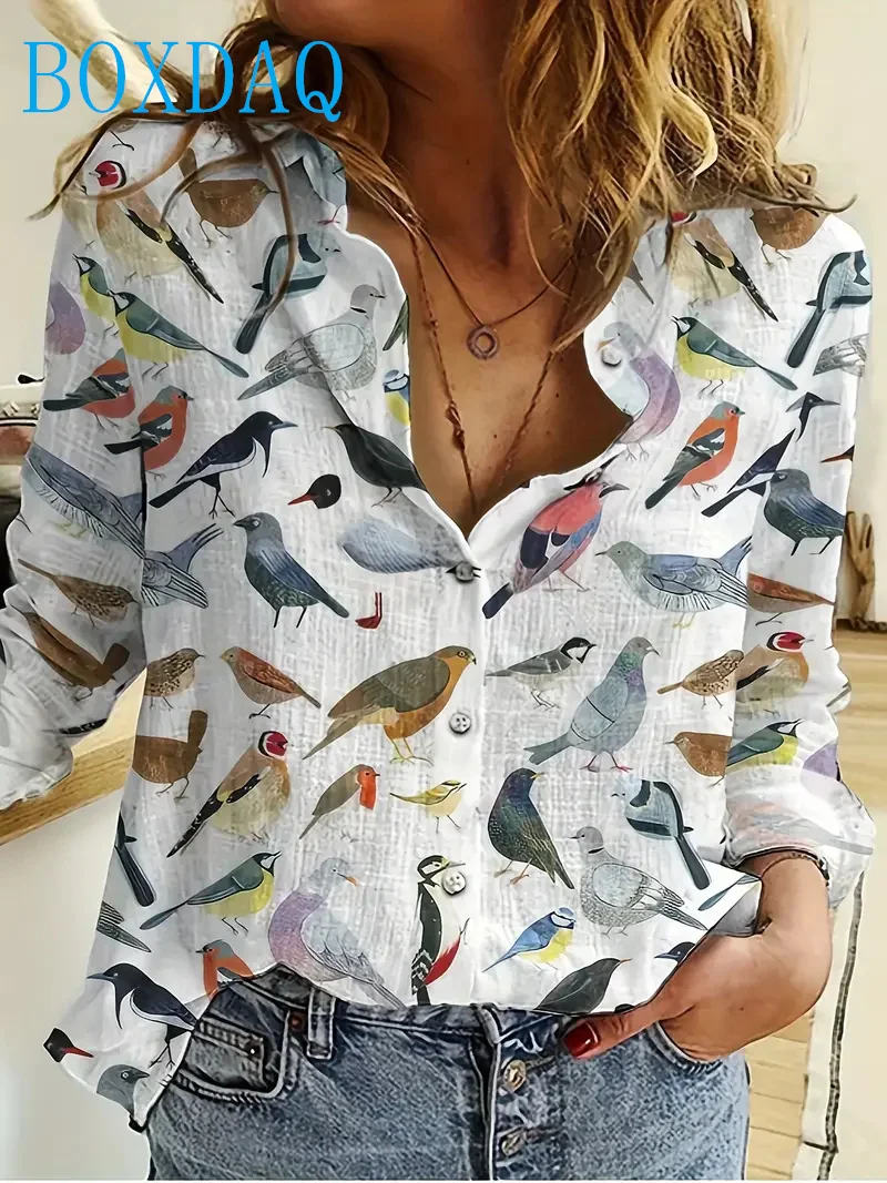 

Women's Fashion Printed Long Sleeved Lapel Shirt Spring New Bird 3D Drawing Patterns blouses Tops Casual Office Ladies Shirt Top