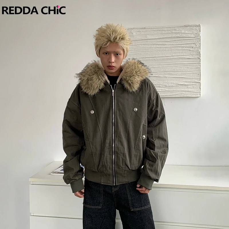 

REDDACHIC Vintage Spliced Faux Fur Hooded Coat Men Fleece Lined Pockets Long Sleeves Zip-up Denim Jacket Thermal Winter Outwear