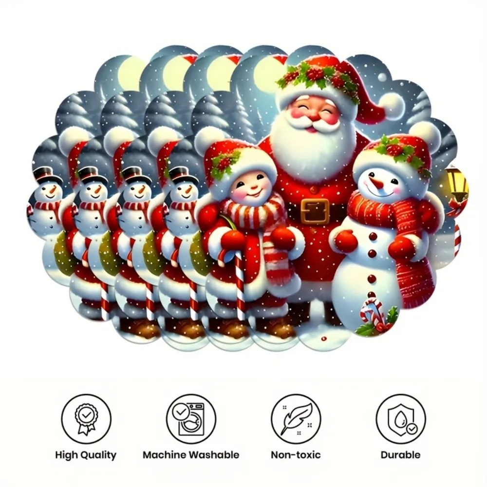 VIKAMA 4pcs Christmas Tablecloth Set Placemats Coasters Santa Snowman Waterproof Holiday Dining Table Decor for Kitchen Party